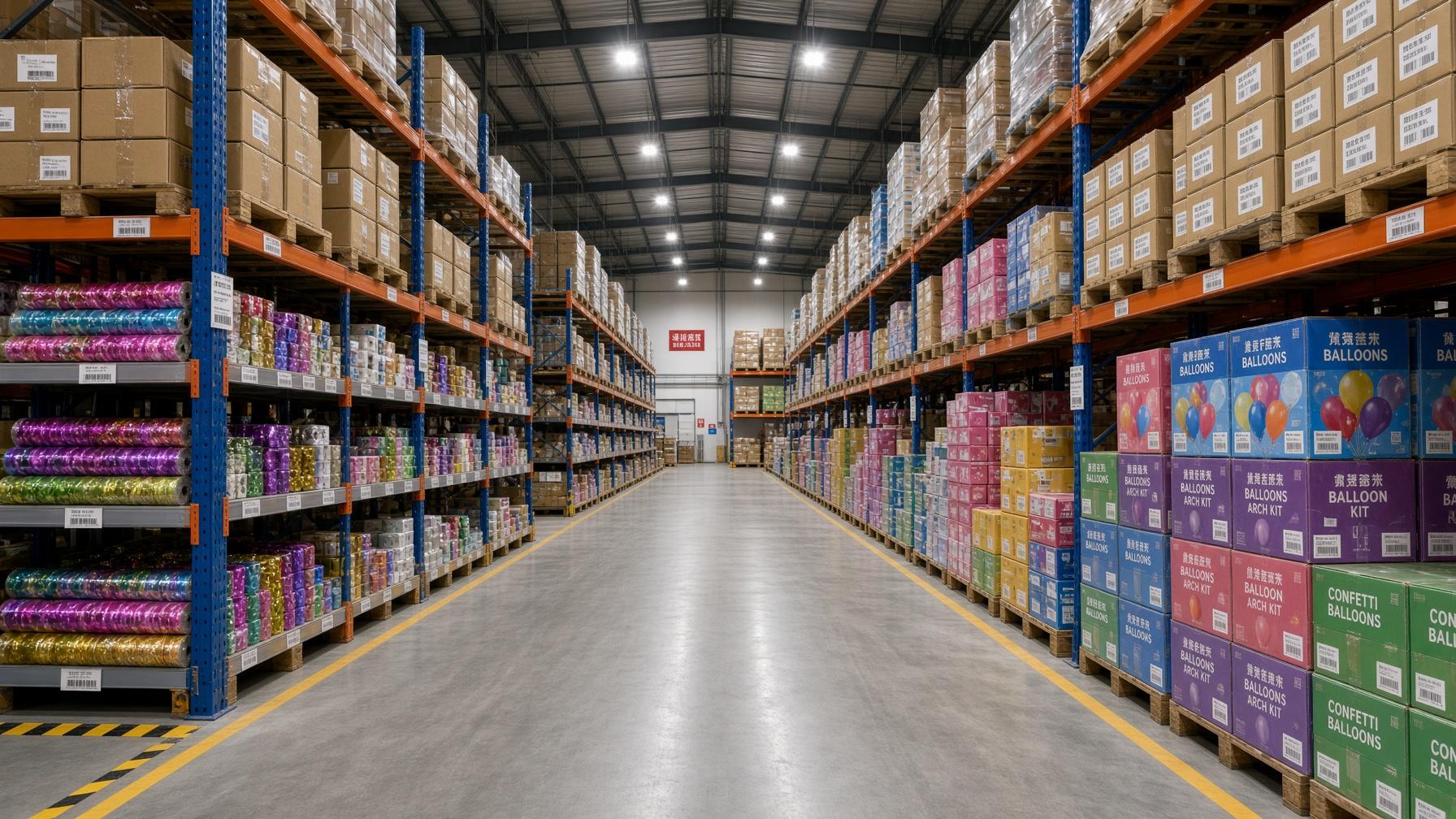 Factory warehouse with colorful party supplies